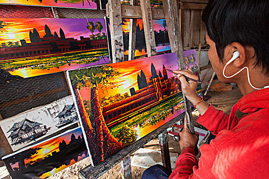 柬埔寨,收获,艺术家,绘画,吴哥窟,日出