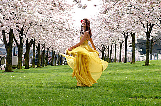女人,黄色,连衣裙,跳舞,开花树木