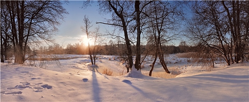 冬天,河,日出,早晨,雪景