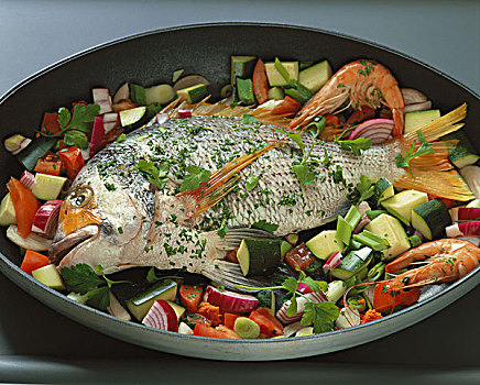 鱼肉,食物,准备,补充,蔬菜,切削,虾,咸水鱼,海鲜,油炸,厨师,烹调,静物