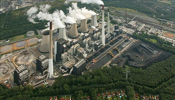 航拍,发电站,电厂,五个,冷却塔,只有,空气污染,排放,鲁尔区,北莱茵威斯特伐利亚,德国,欧洲
