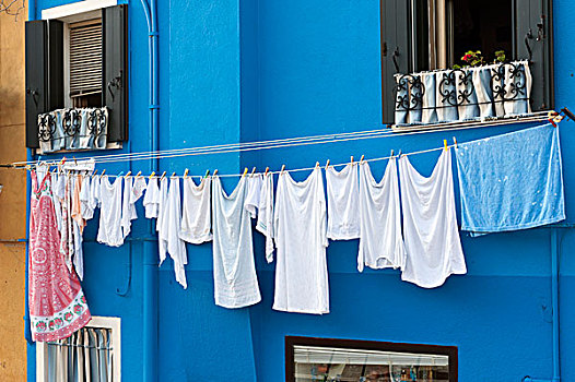 蓝色,房子,晾衣服,布拉诺岛,威尼斯,意大利