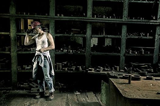 产业工人,红色,头盔,老,工厂