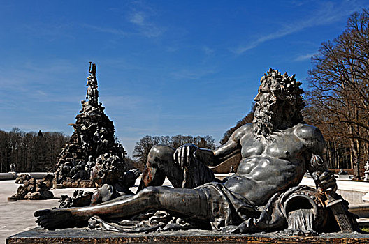 神话,雕塑,喷泉,鲁道夫,建造,正面,海伦基姆湖堡,宫殿,岛屿,巴伐利亚,德国,欧洲