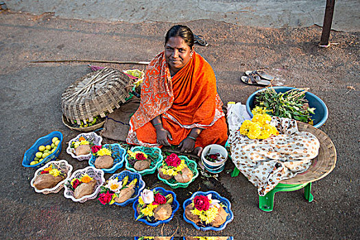 印度,迈索尔,街头摊贩,正面,庙宇