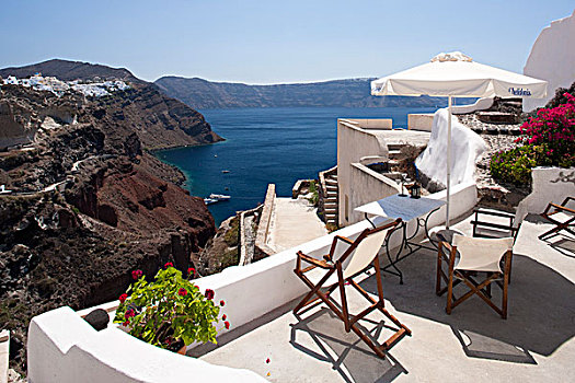 露台,椅子,伞,锡拉岛,希腊