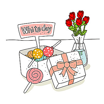 插画,糖果,盒子,玫瑰,花瓶