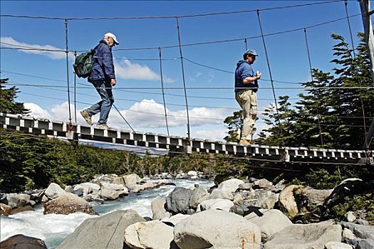 远足者,穿过,吊桥,托雷德裴恩国家公园,巴塔哥尼亚,智利,南美