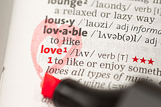 喜爱,定义,红色,心形,记号笔,字典