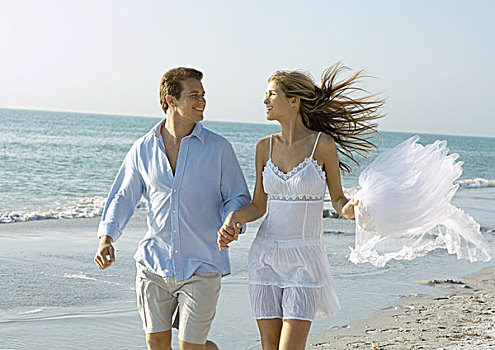 情侣,跑,海滩