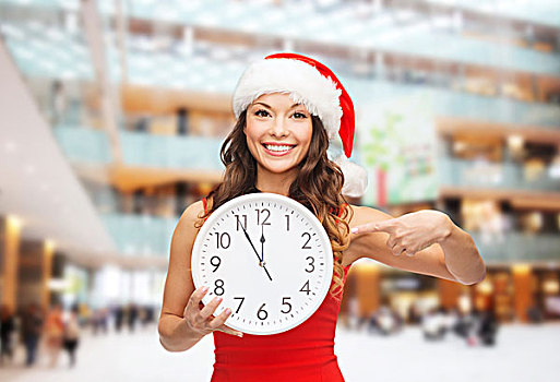 圣诞节,冬天,休假,时间,人,概念,微笑,女人,圣诞老人,帽子,红裙,钟表,上方,购物中心,背景