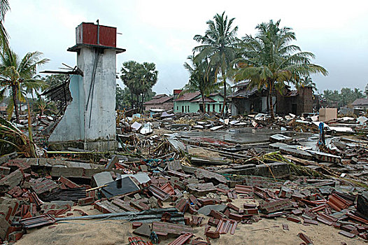 海啸,巨大,破坏,渔村,房子,地上,地区,东方,斯里兰卡