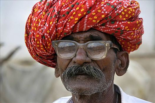 肖像,红色,缠头巾,眼镜,普什卡,拉贾斯坦邦,印度