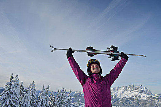 高兴,年轻,滑雪,女人,上面,冬天,开心