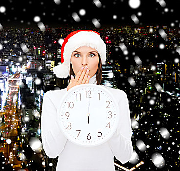 圣诞节,时间,冬天,人,概念,微笑,女人,圣诞老人,帽子,钟表,展示,上方,雪,夜晚,城市,背景