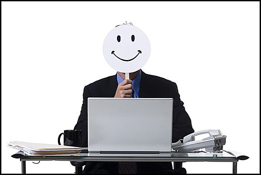 商务人士,笑脸,面具,工作,笔记本电脑