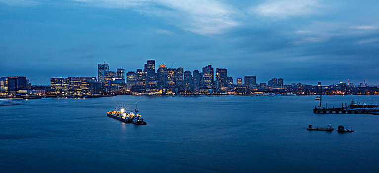 港口,天际线,黄昏,波士顿,马萨诸塞,美国,北美