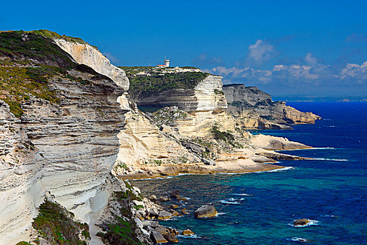 崎岖,白垩断崖,青绿色,蓝色海洋,悬崖,博尼法乔,科西嘉岛,法国,欧洲