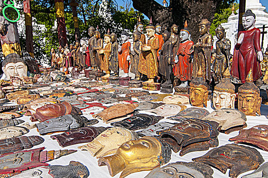木质,佛,面具,手工制作,纪念品,市场,固都陶,塔,皇家,曼德勒,缅甸