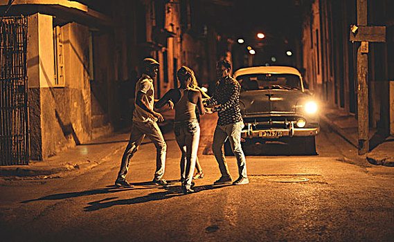人群,跳舞,正面,经典,50年代,汽车,街道,夜晚