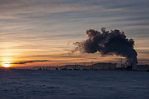 日落,工厂,冬天,蒸汽,烟,室外,北方,爱达荷