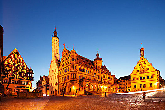 市场,建筑,市政厅,旅店,罗腾堡,浪漫大道,中间,弗兰克尼亚,巴伐利亚,德国,欧洲
