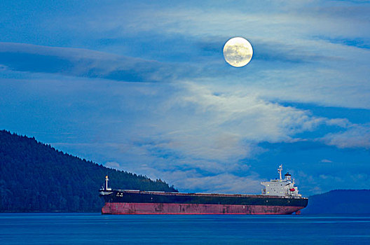 货船,五月,满月,卫星,水道,靠近,温哥华岛,不列颠哥伦比亚省,加拿大