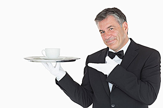 微笑,服务员,展示,银色托盘,杯子
