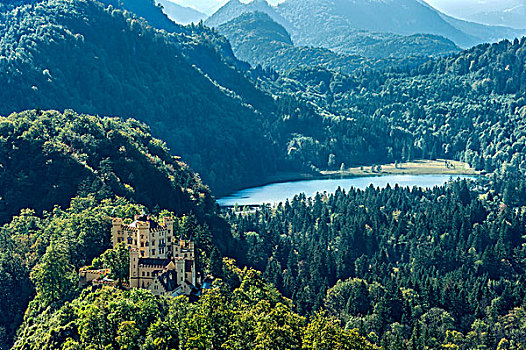 旧天鹅堡,城堡,湖,山,后面,史旺高,斯瓦比亚,巴伐利亚,德国,欧洲
