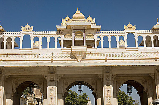 仰视,宫殿,城市宫殿,乌代浦尔,拉贾斯坦邦,印度