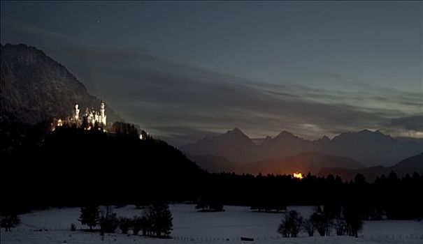 皇家,宫殿,新天鹅堡,旧天鹅堡,亮光,晚间,巴伐利亚,德国,欧洲