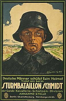 头像,军人,鼓励,德国人,男人,防护,风暴,一战,招募,海报,德国,历史