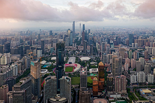中国广东广州,航拍天河商圈与城市中轴线