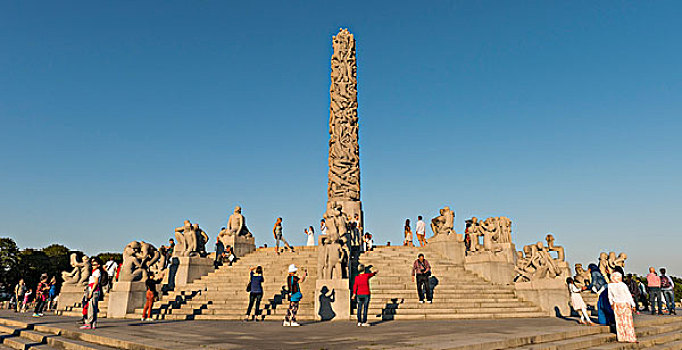 花冈岩,雕塑,平台,人,独块巨石,古斯塔夫-维格朗,公园,奥斯陆,挪威,欧洲
