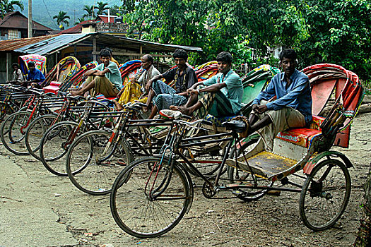 人力车,等待,乘客,乡村,孟加拉,七月,2007年