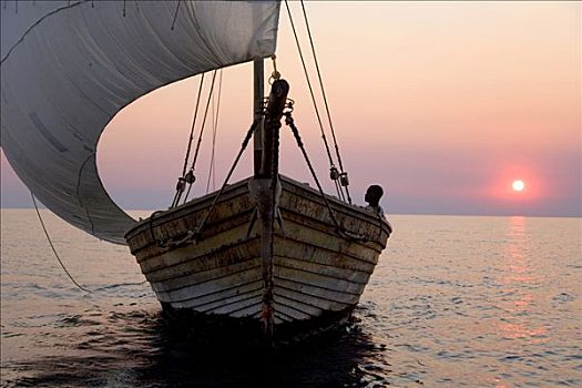 独桅三角帆船,非洲,帆船,日落,住宿,湖,马拉维,南,东非