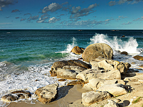 波浪,海滩,花冈岩,石头,菲尼斯泰尔,布列塔尼半岛,法国,欧洲