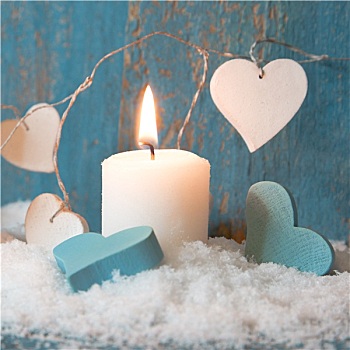 圣诞蜡烛,白色,蓝色,心形,木头,雪,装饰