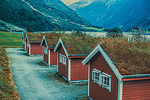 挪威,山,风景,传统,小屋,复古,彩色
