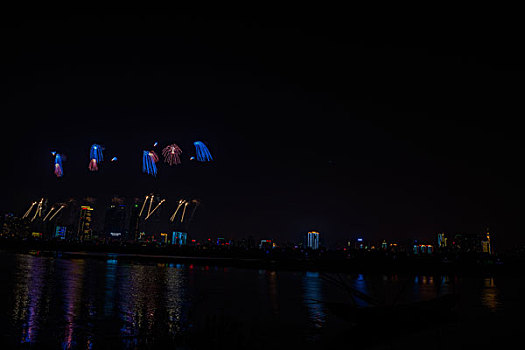 烟花,建筑群,河流,夜景,水,灯,节日