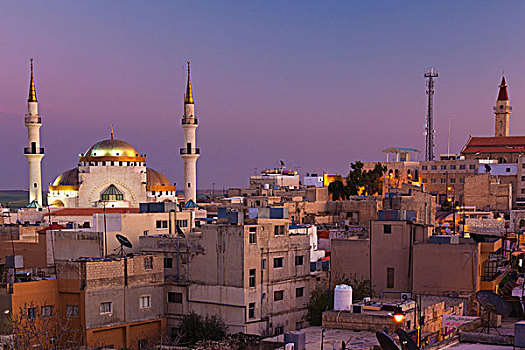 约旦,国王,公路,马代巴,城镇景色,清真寺,黃昏