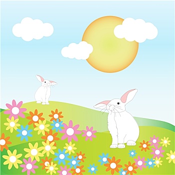 两个,兔子,山,花