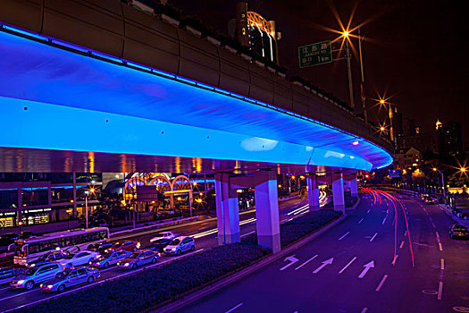 蓝色,公路,街道,交通,夜灯,小路,中心,上海