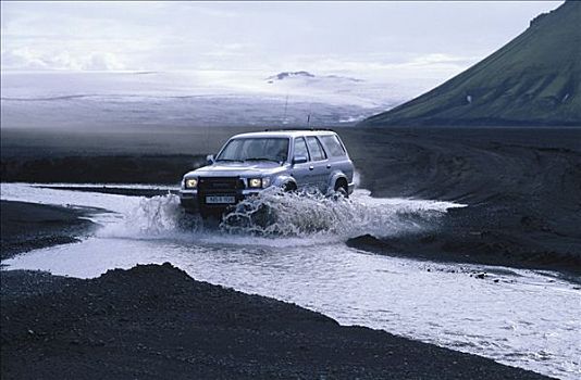 四轮驱动,上方,沙,四驱车,吉普车,驾驶,小溪,正面,冰河,小路,冰岛,欧洲