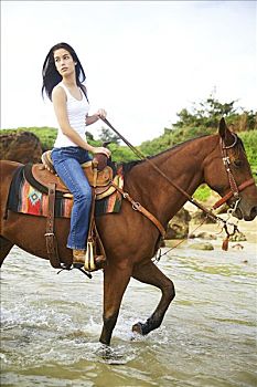 夏威夷,考艾岛,海滩,美女,骑马