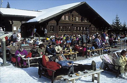 雪屋,餐馆,滑雪,冬天,雪,游客,休息,山,伯恩高地,瑞士,欧洲,假日