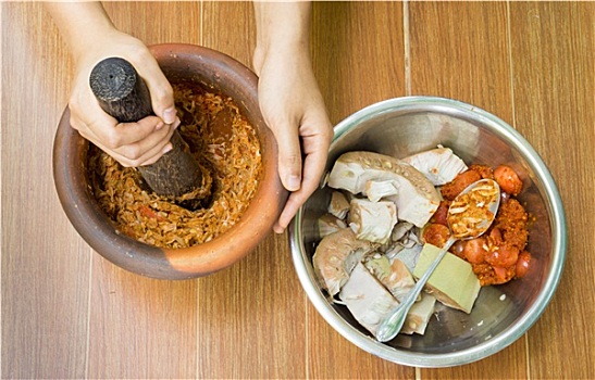 传统,泰国食品,女士,挤压,成分,石头,锅