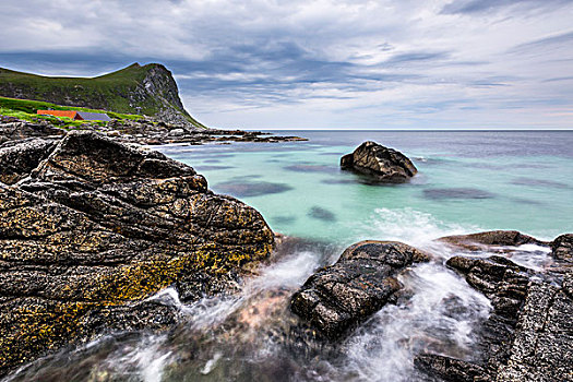 海浪,岩石海岸,沙滩,罗弗敦群岛,挪威,欧洲