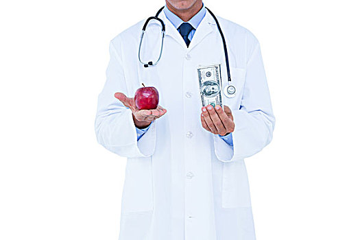 博士,拿着,钱,红苹果,青苹果,白色背景,背景