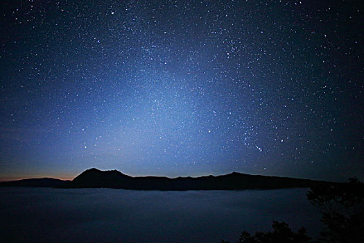 湖,遮盖,雾气,山,星空